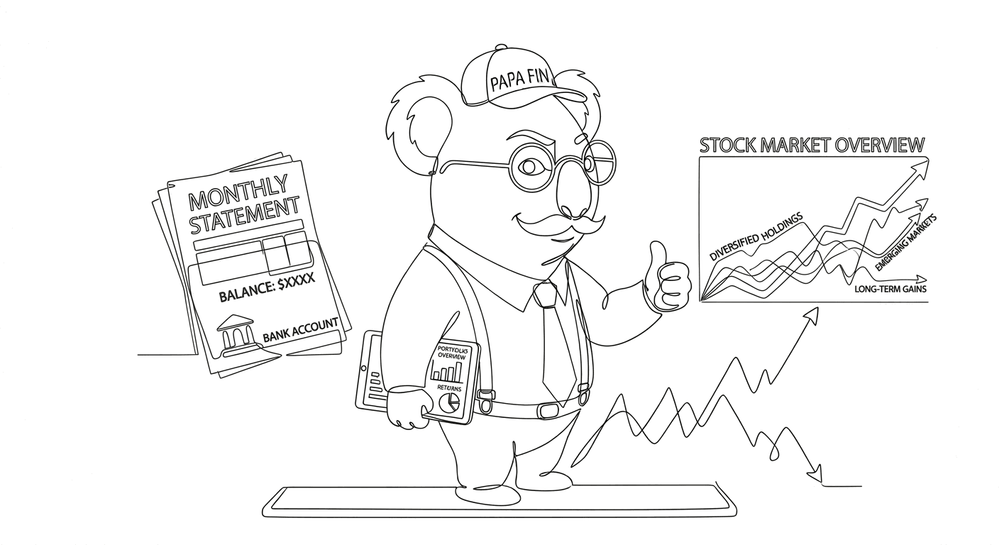 Papa Fin reviewing your monthly statement, portfolio, and market overview